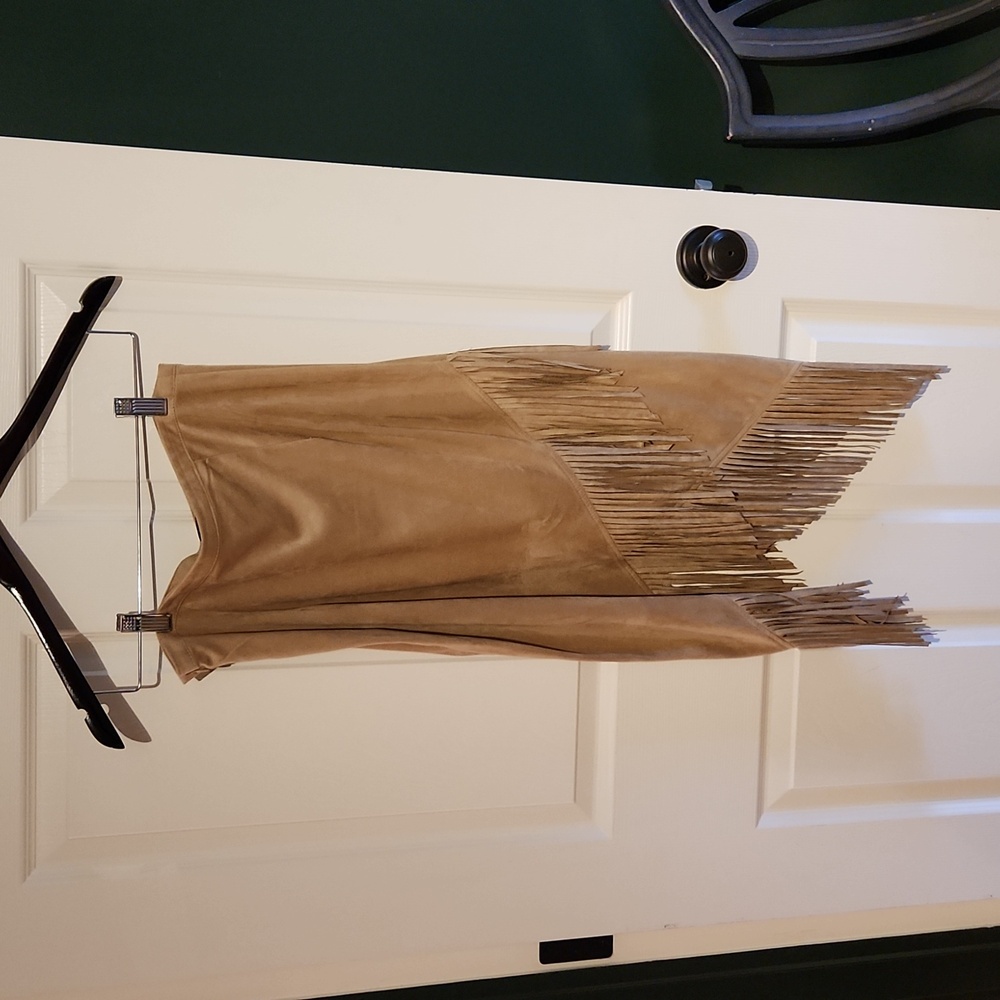 Faux suede skirt asymmetrical hem, fringe
